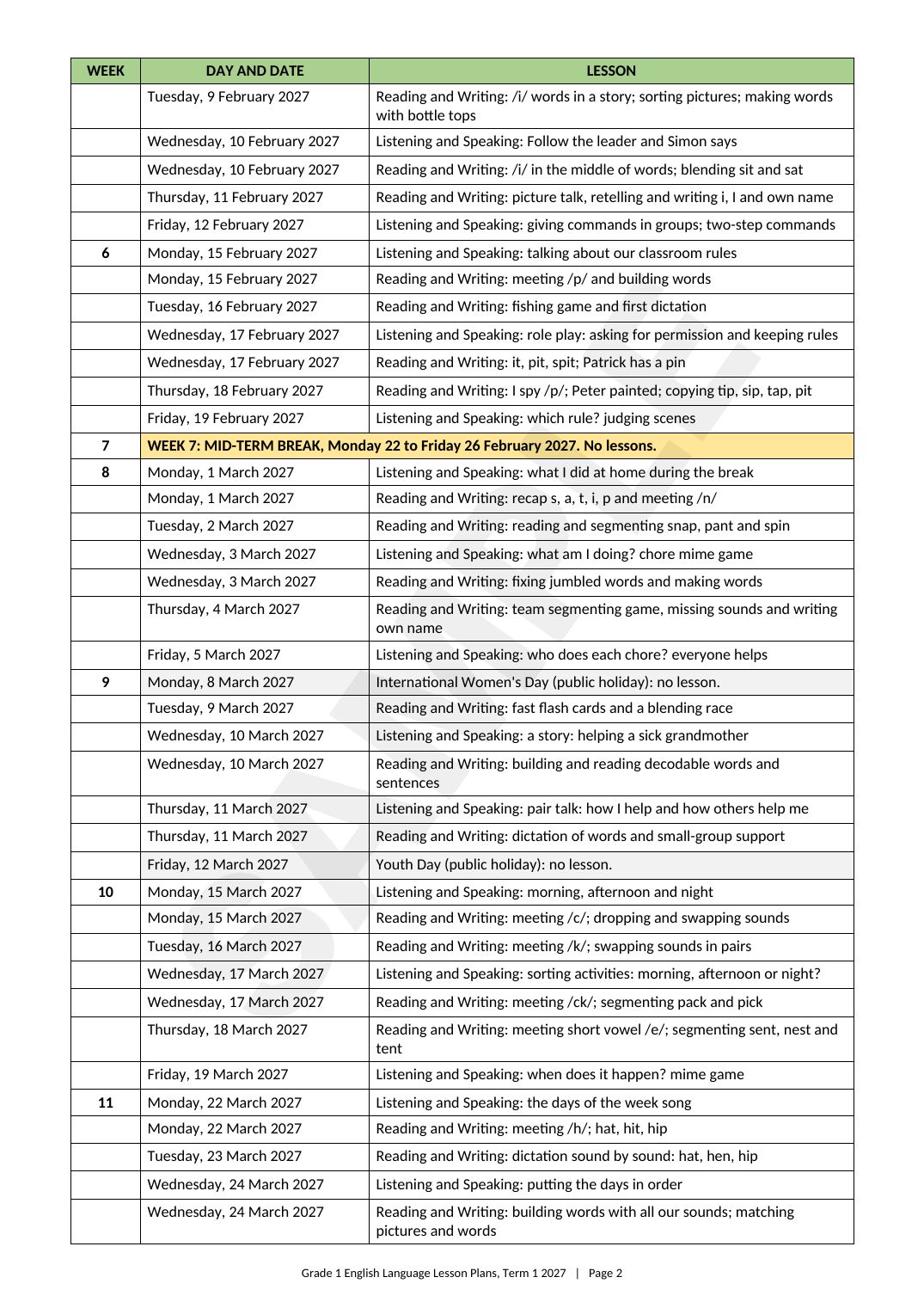 Grade 1 Full Term Bundle — Term 1 2027 (Schemes + Weekly Forecasts + Lesson Plans) — Sample page 3