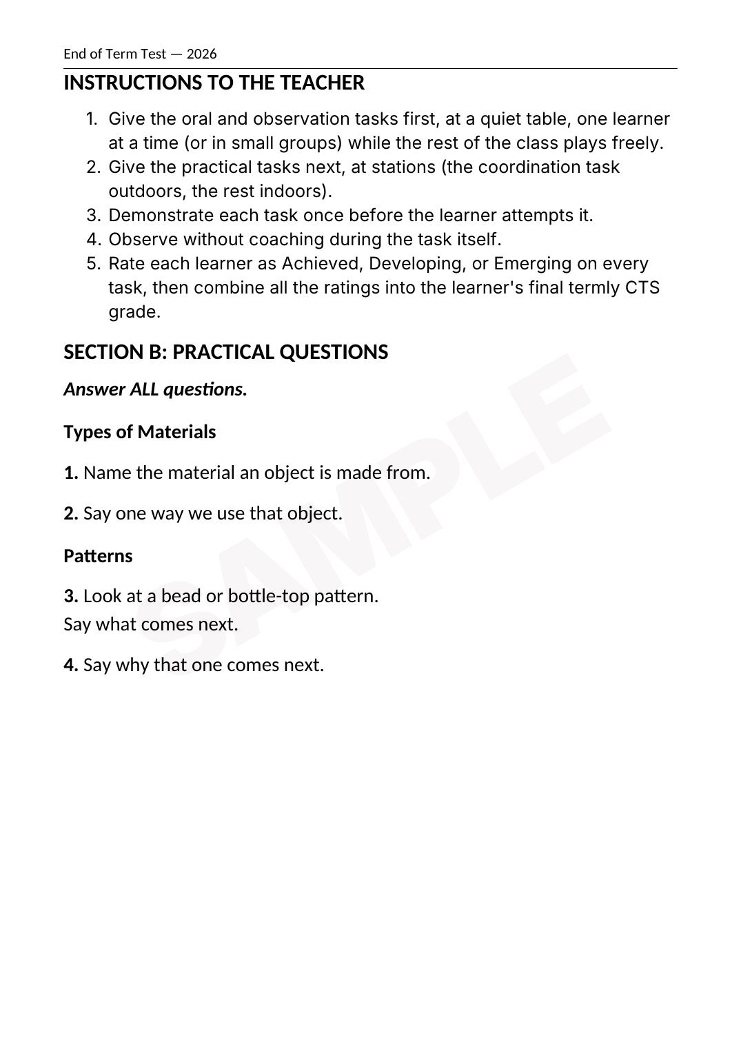 End of Term Assessments — ECE Reception (Level 2), Term 3 2026 (all 4 learning areas) — Sample page 1